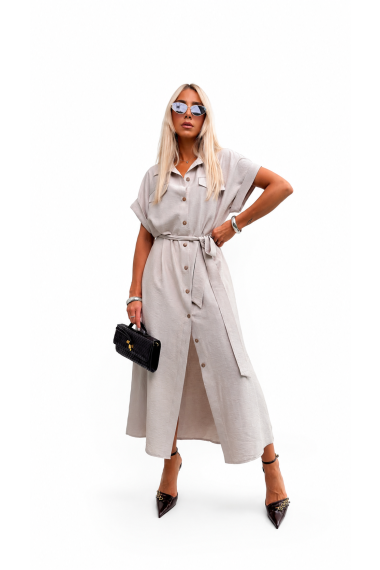 Sukienka Koszulowa Maxi Premium Wiązana w Pasie Elegancka Oversize Guziki Kieszenie - beż